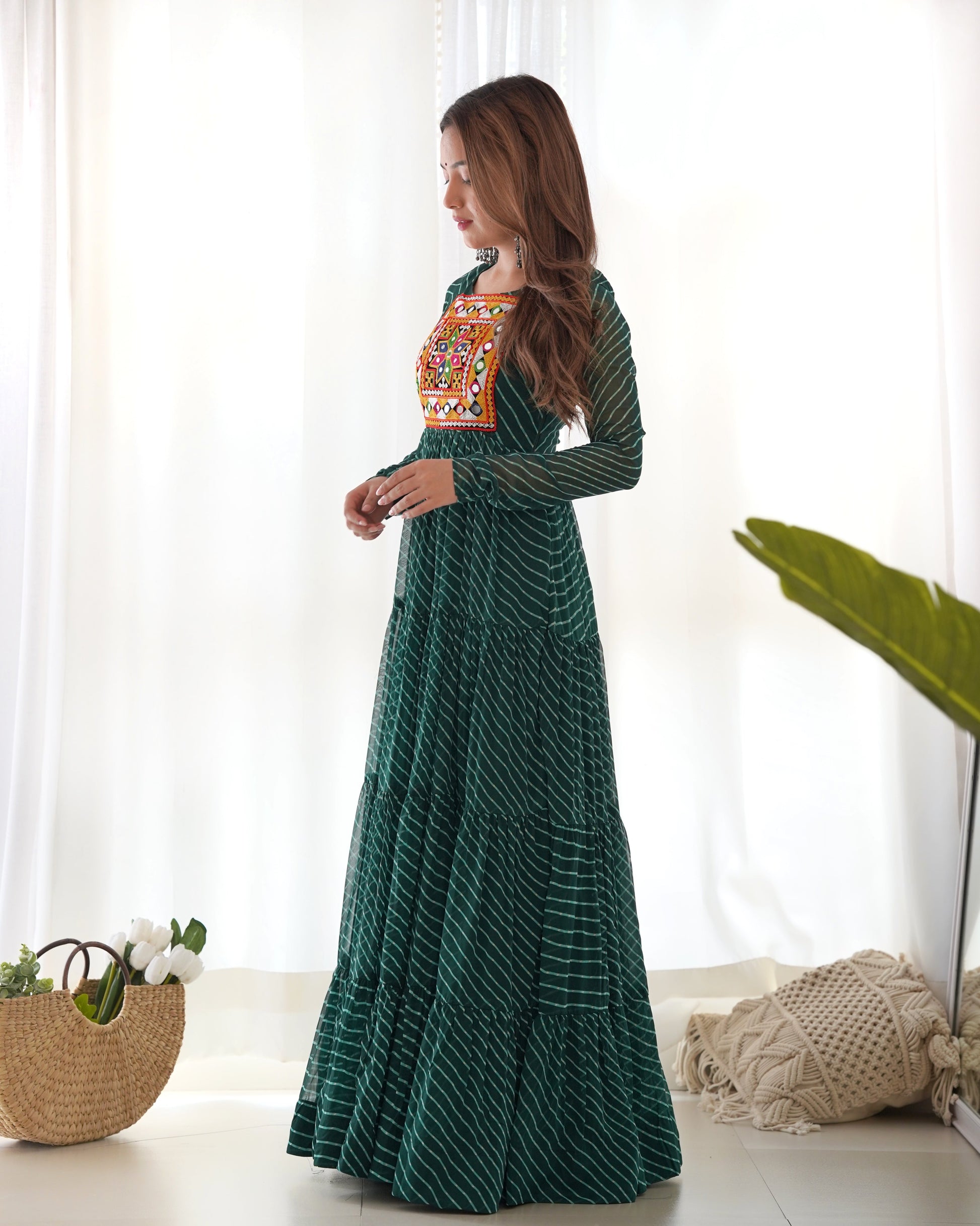 Lorenvalley Women Pure Soft Faux Georgette Leheriya Print Anarkali Gown - Green 