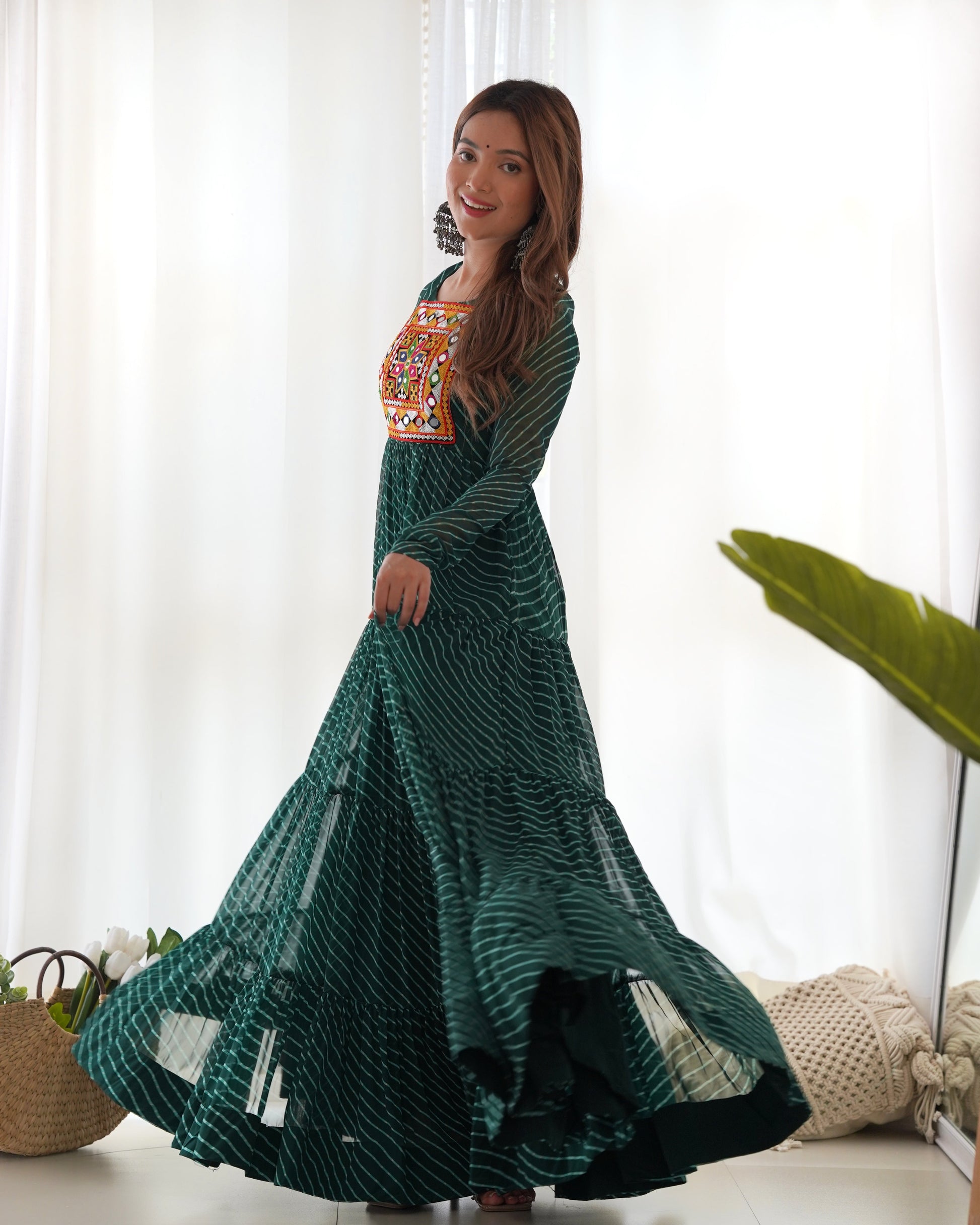 Lorenvalley Women Pure Soft Faux Georgette Leheriya Print Anarkali Gown - Green 