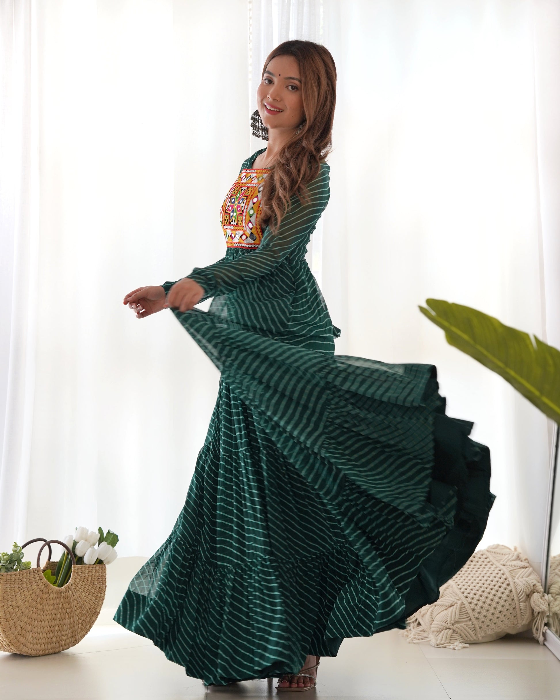 Lorenvalley Women Pure Soft Faux Georgette Leheriya Print Anarkali Gown - Green 