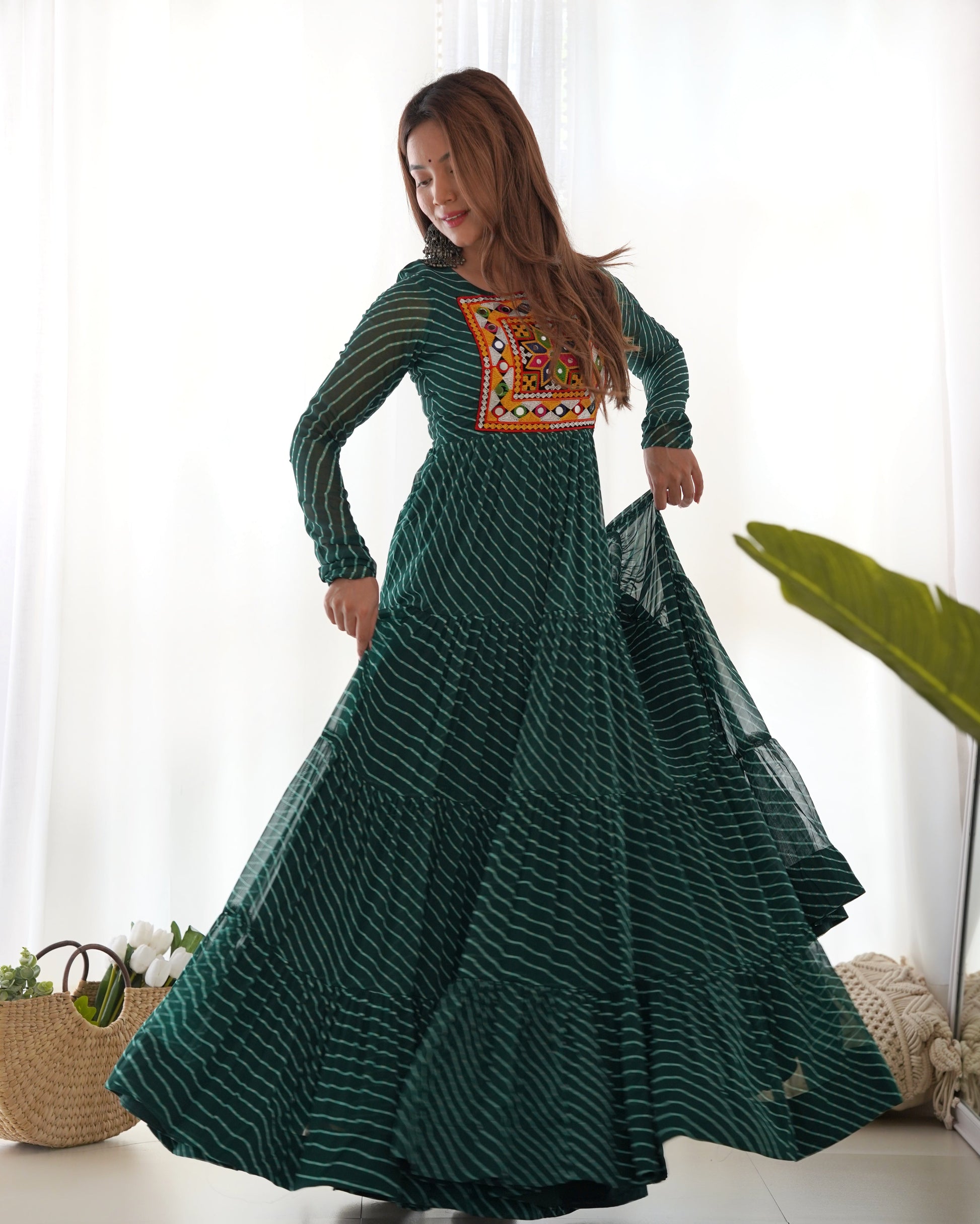Lorenvalley Women Pure Soft Faux Georgette Leheriya Print Anarkali Gown - Green 