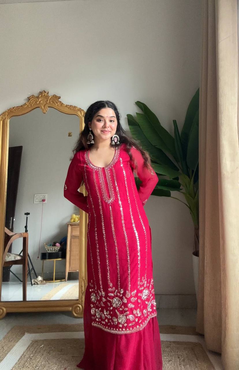 Evanik Ranipink Georgette With Embroidered Sequence Work Plazzo Suit