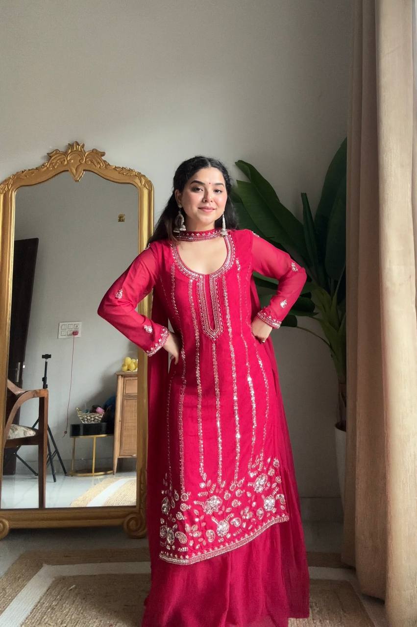 Evanik Ranipink Georgette With Embroidered Sequence Work Plazzo Suit