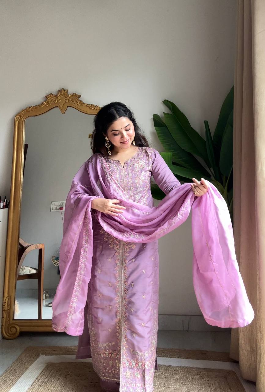 Evanik Lavender Roman silk Embroidered Sequence Work Party Wear Plazzo Suit