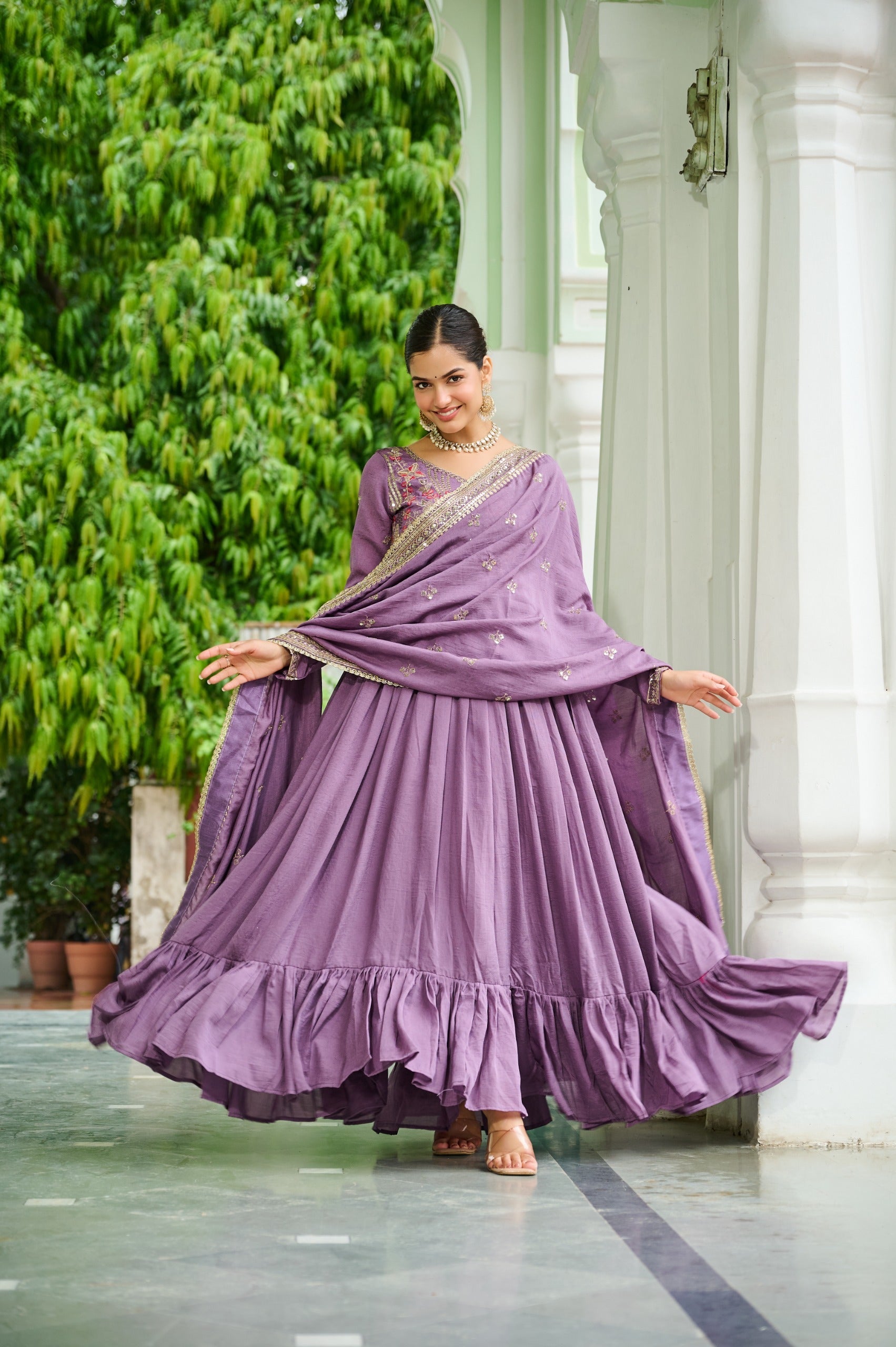 Evanik Designer Vichitra Silk with Rich Embroidered Zari & Thread Work Gown Dupatta