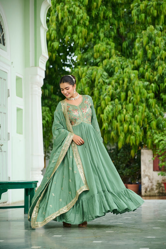 Evanik Designer Vichitra Silk with Rich Embroidered Zari & Thread Work Gown Dupatta