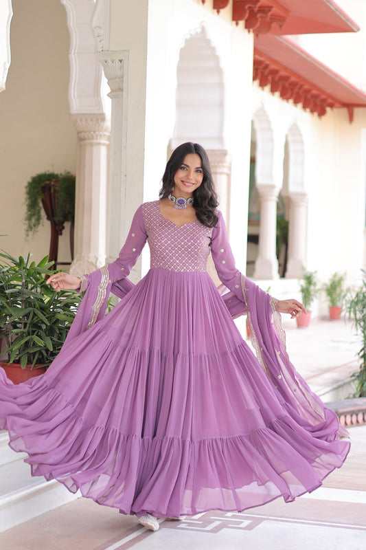 Evanik Onionpink Faux Georgette With Sequins & Zari Embroidered Work Gown Dupatta