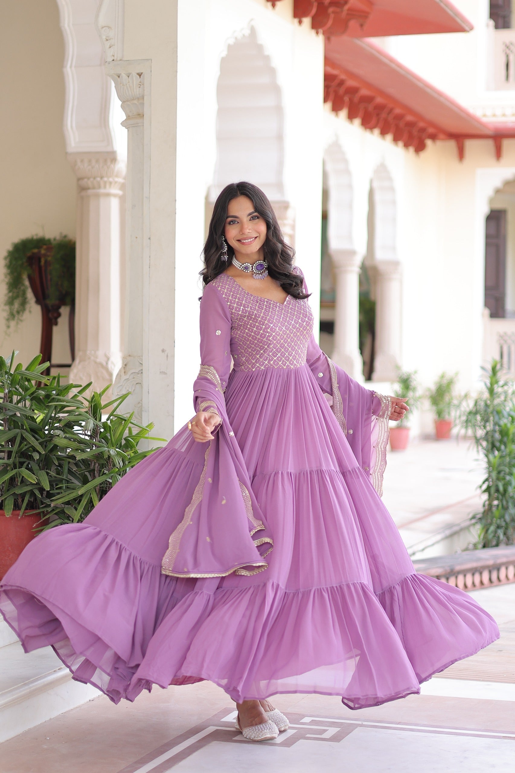 Evanik Onionpink Faux Georgette With Sequins & Zari Embroidered Work Gown Dupatta