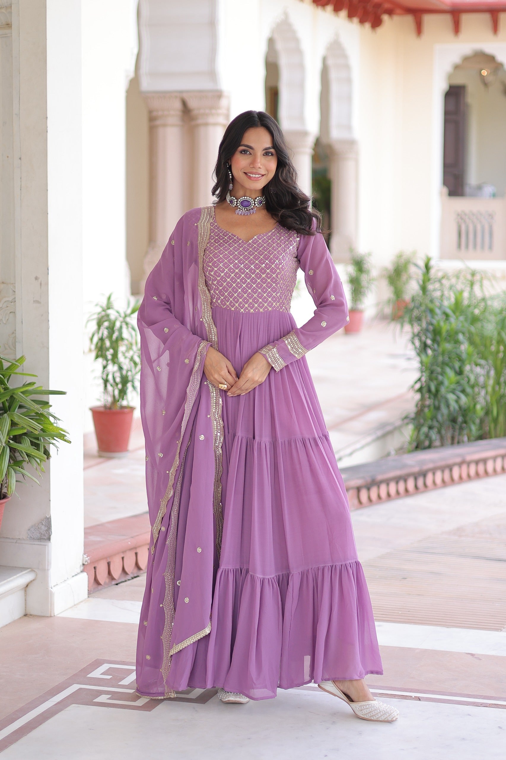 Evanik Onionpink Faux Georgette With Sequins & Zari Embroidered Work Gown Dupatta