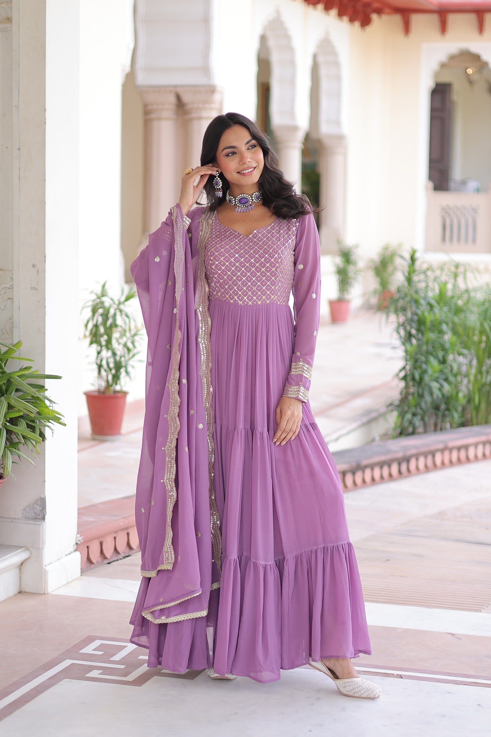Evanik Onionpink Faux Georgette With Sequins & Zari Embroidered Work Gown Dupatta
