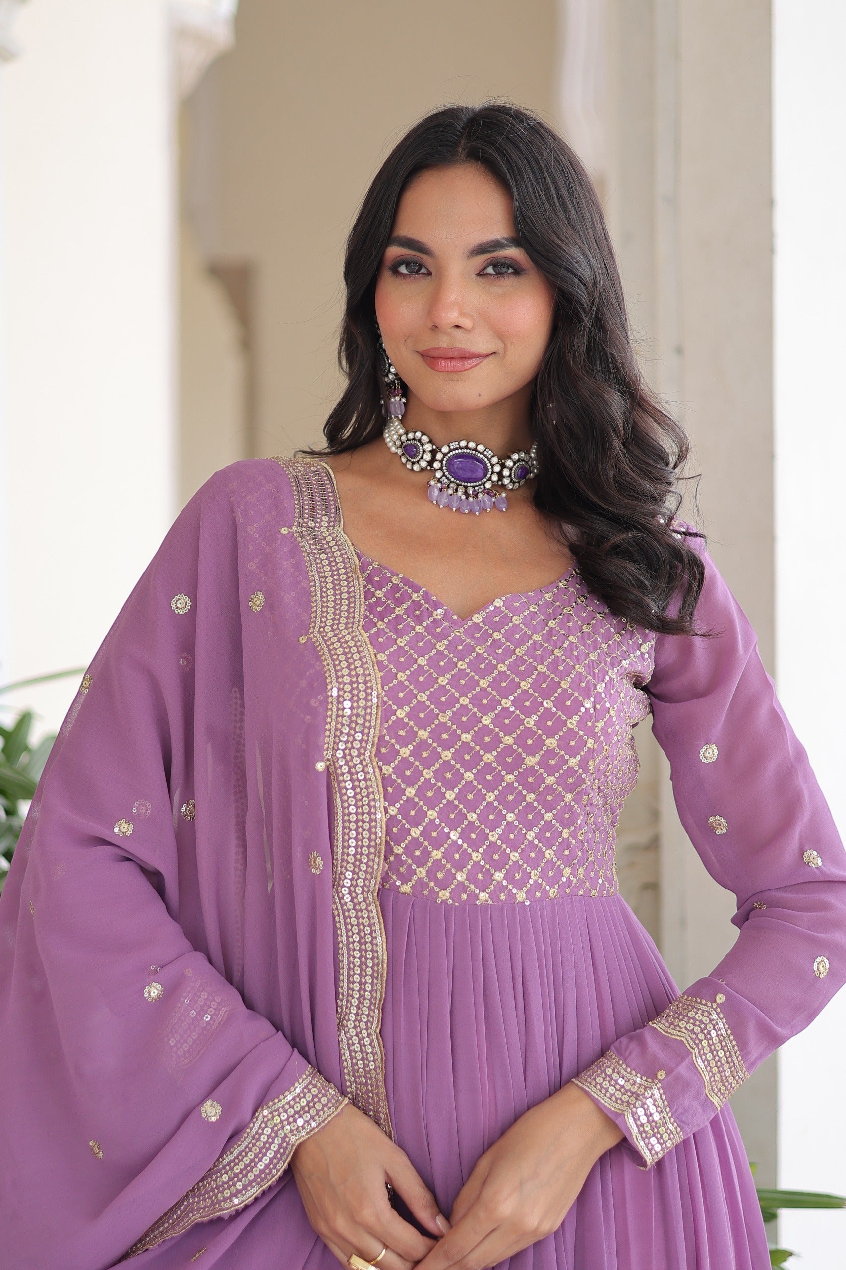 Evanik Onionpink Faux Georgette With Sequins & Zari Embroidered Work Gown Dupatta