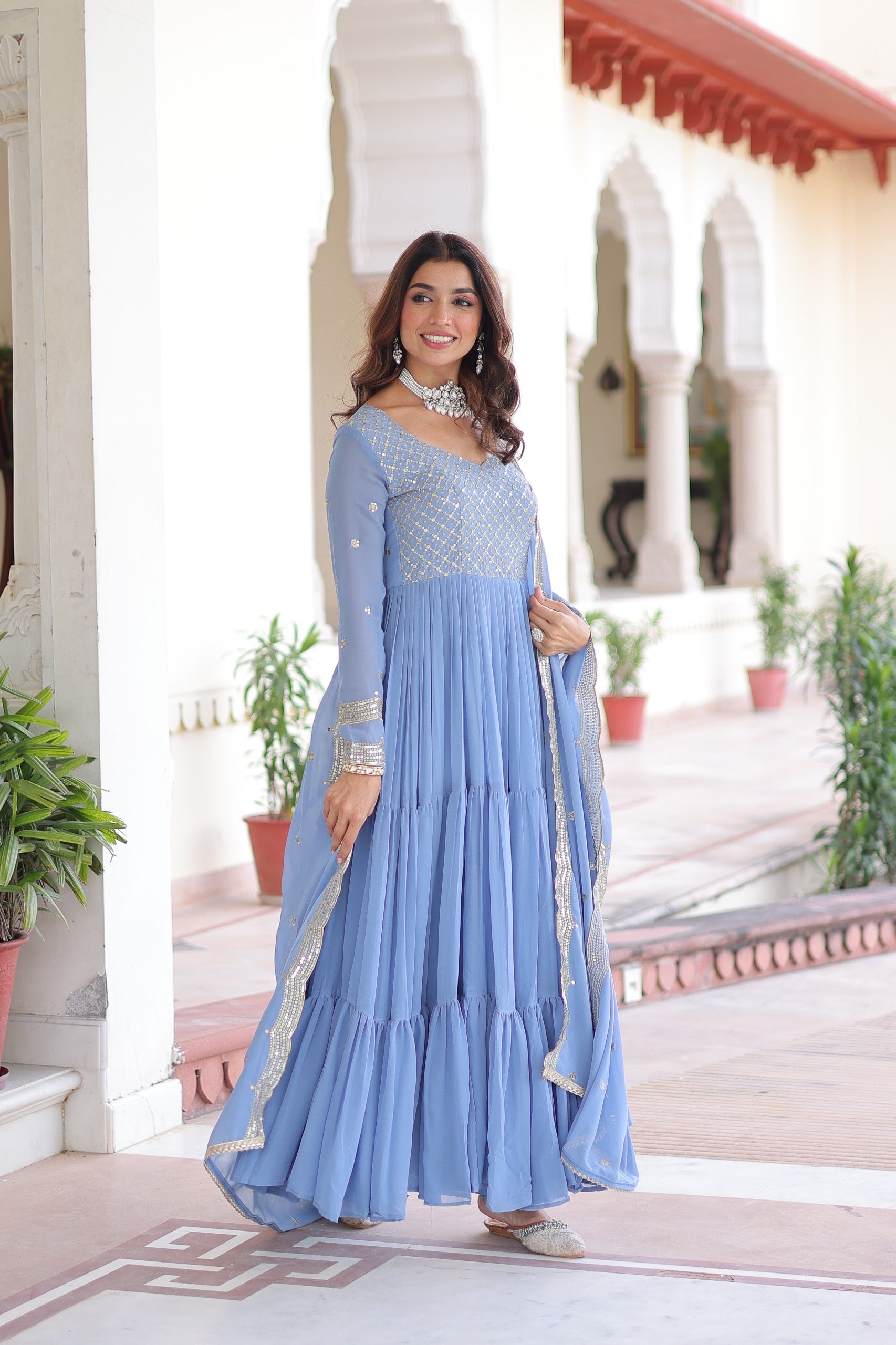 Evanik Skyblue Faux Georgette With Sequins & Zari Embroidered Work Gown Dupatta