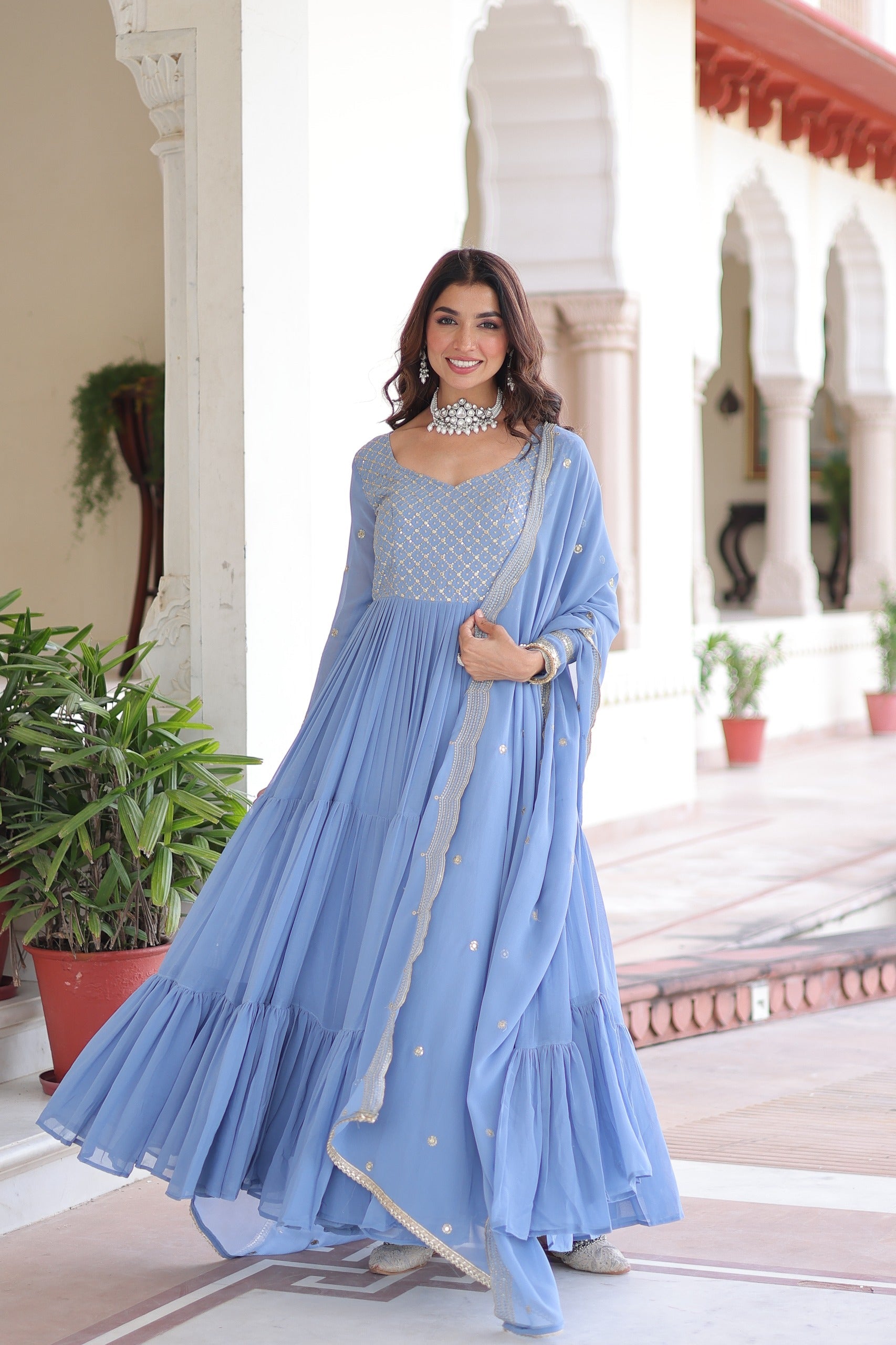 Evanik Skyblue Faux Georgette With Sequins & Zari Embroidered Work Gown Dupatta