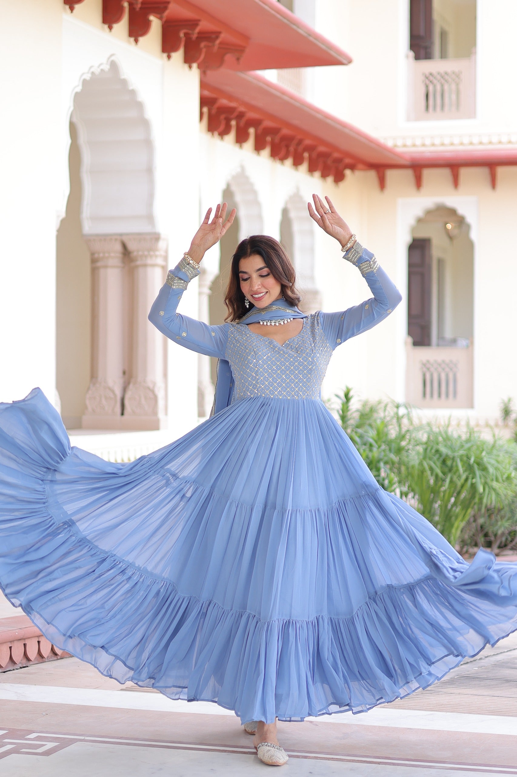 Evanik Skyblue Faux Georgette With Sequins & Zari Embroidered Work Gown Dupatta