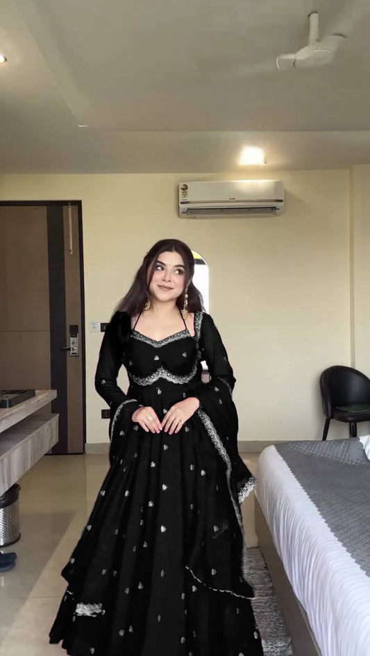 Evanik Black Faux Georgette With Embroidered Sequence Work Anarkali Suit