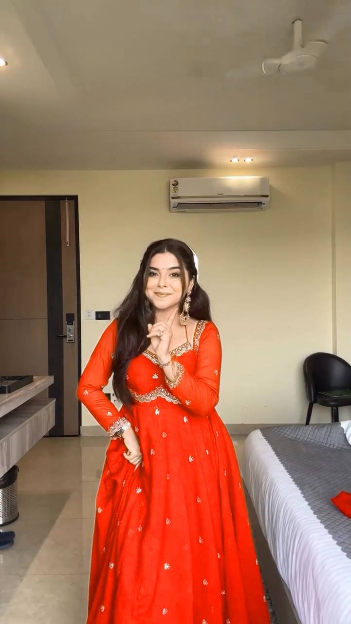Evanik Orange Faux Georgette With Embroidered Sequence Work Anarkali Suit