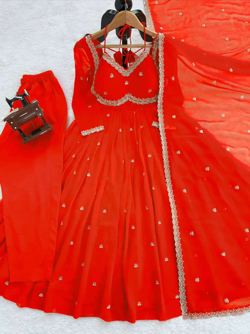 Evanik Orange Faux Georgette With Embroidered Sequence Work Anarkali Suit