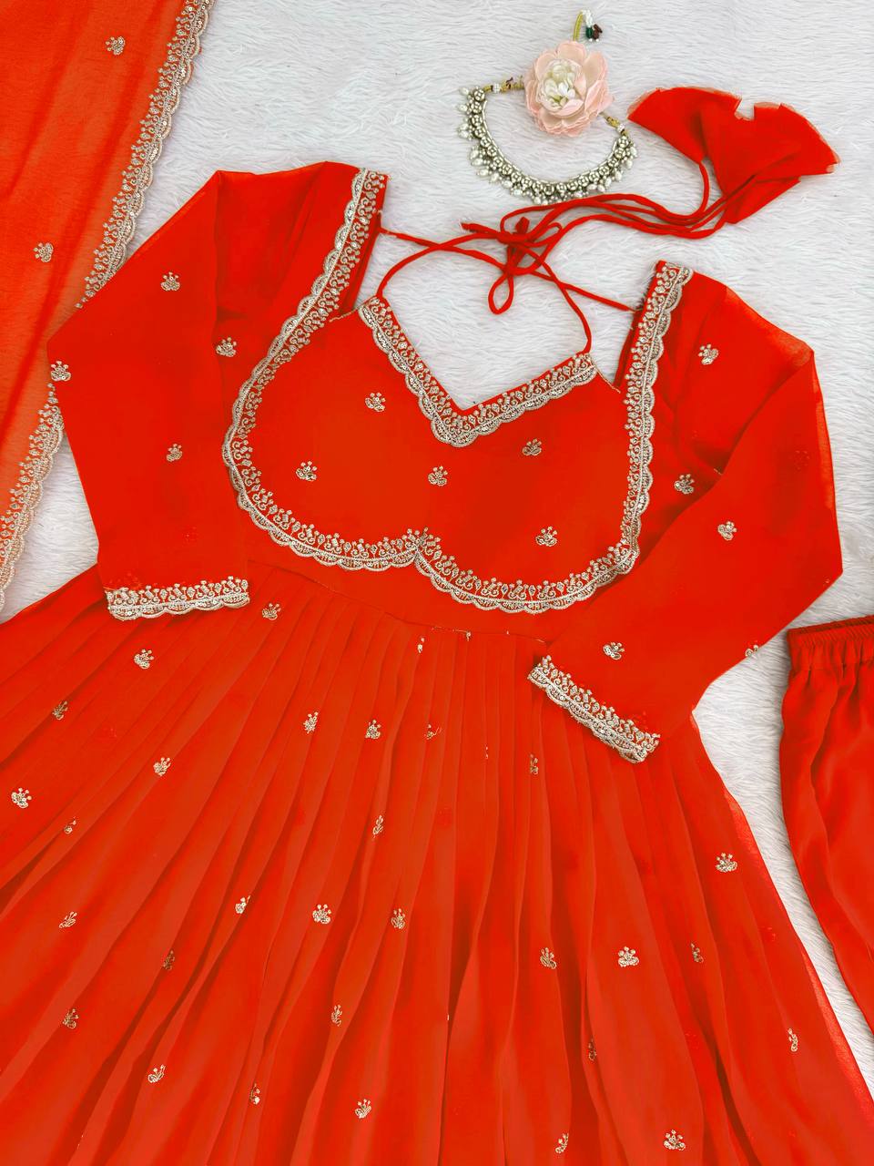 Evanik Orange Faux Georgette With Embroidered Sequence Work Anarkali Suit