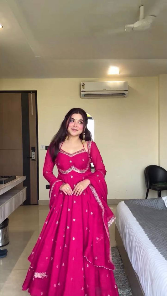 Evanik Ranipink Faux Georgette With Embroidered Sequence Work Anarkali Suit