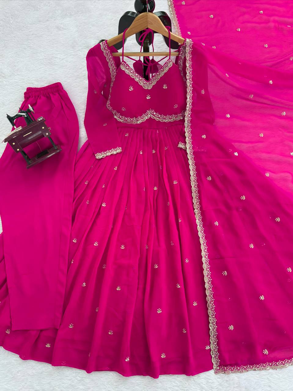Evanik Ranipink Faux Georgette With Embroidered Sequence Work Anarkali Suit