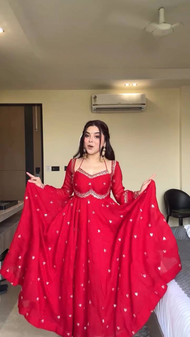 Evanik Red Faux Georgette With Embroidered Sequence Work Anarkali Suit