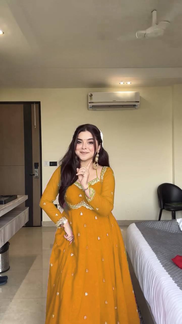 Evanik Yellow Faux Georgette With Embroidery Sequence Work Anarkali Suit