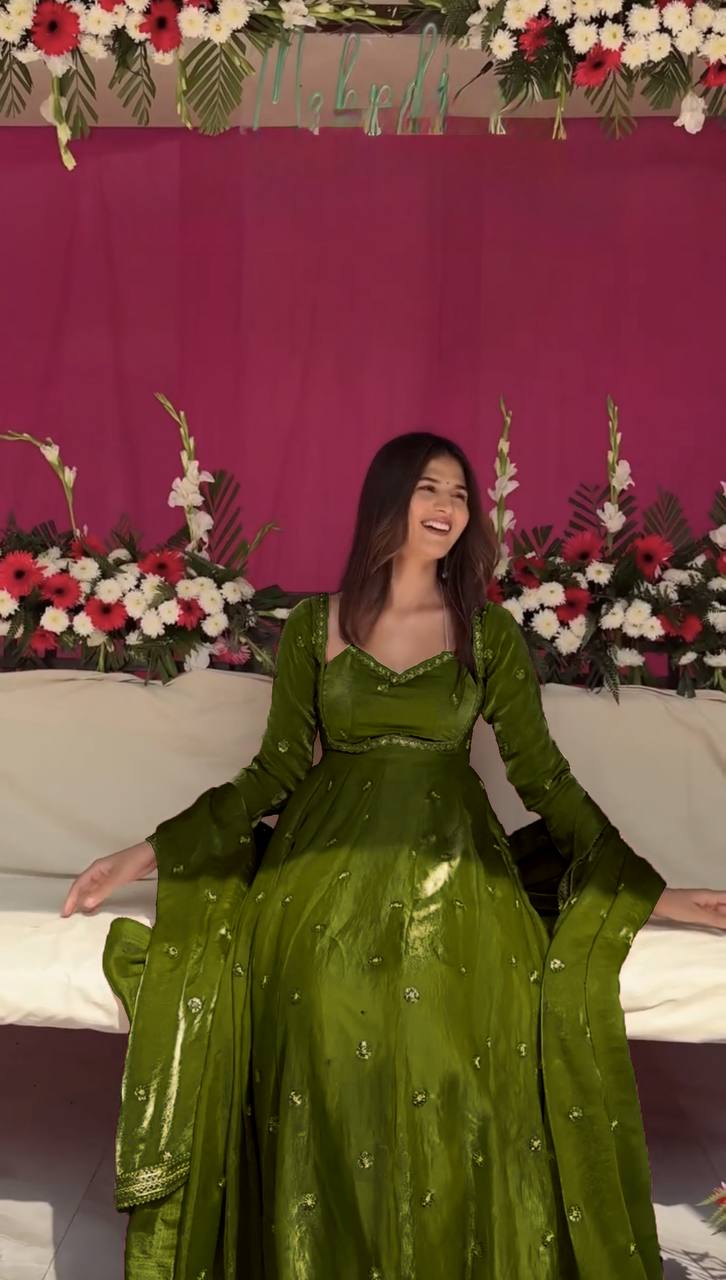Evanik Green Fendi Silk With thread Sequence Work Anarkali Suit