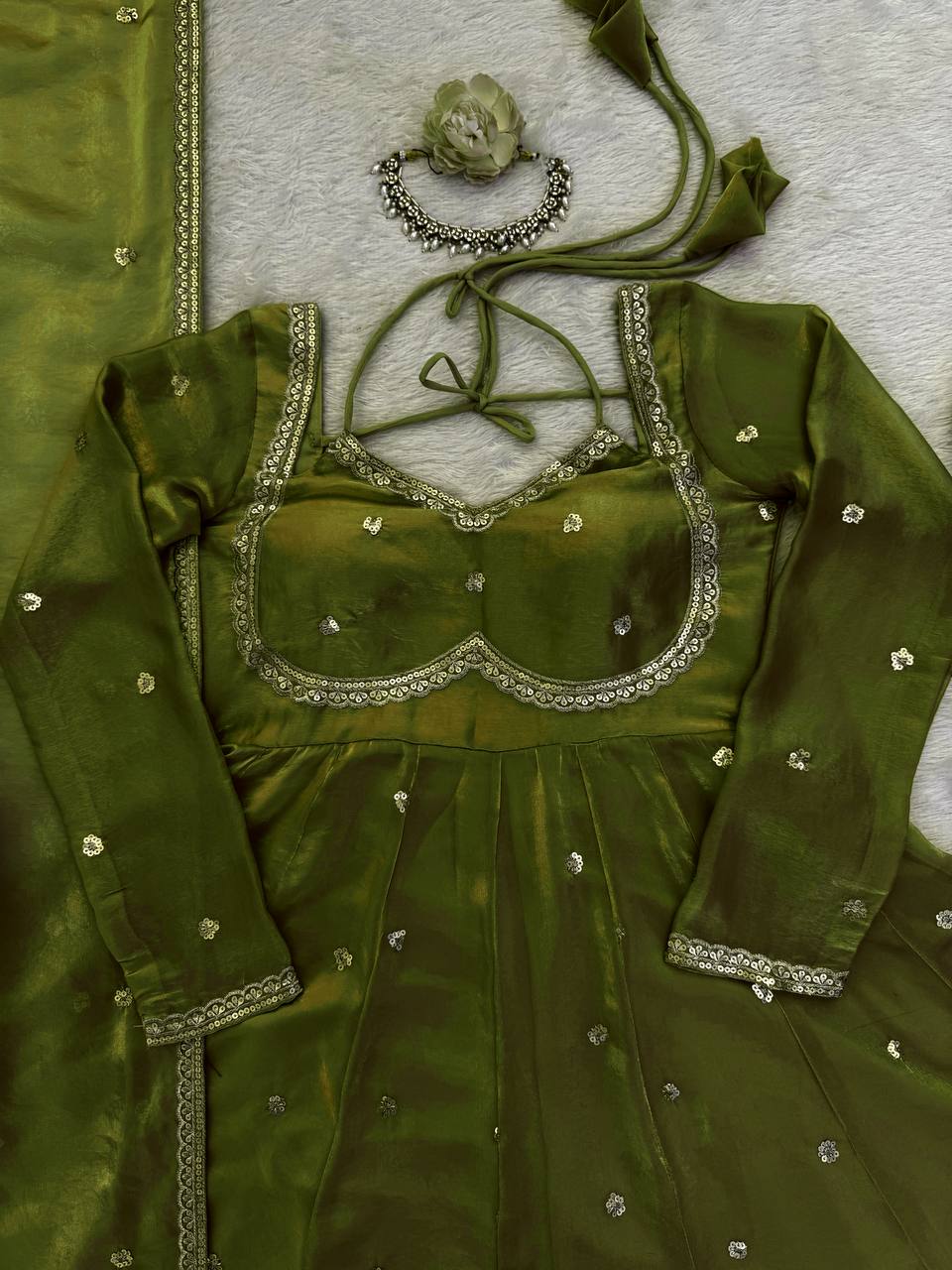 Evanik Green Fendi Silk With thread Sequence Work Anarkali Suit