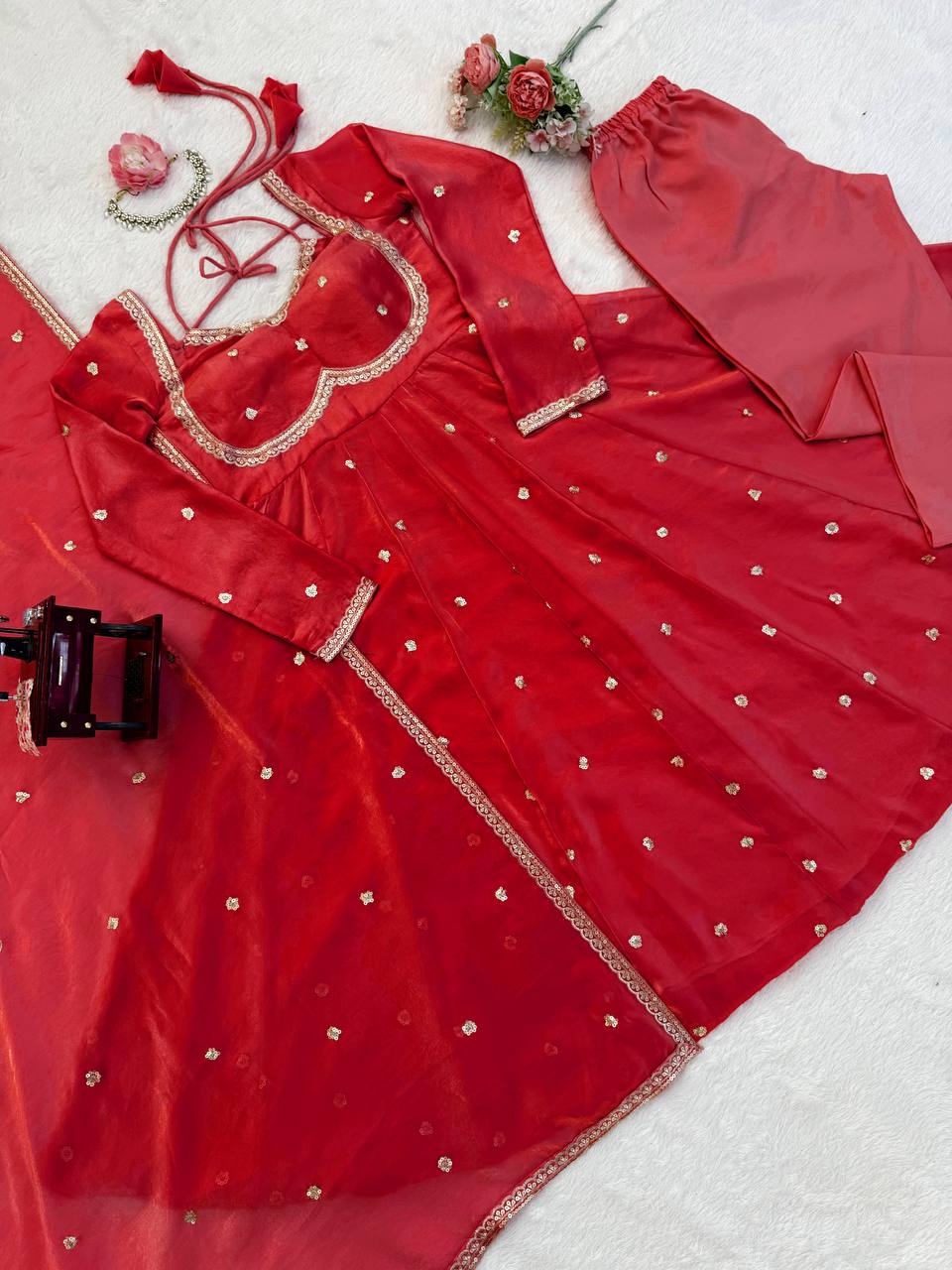 Evanik Red Fendi Silk With thread Sequence Work Anarkali Suit