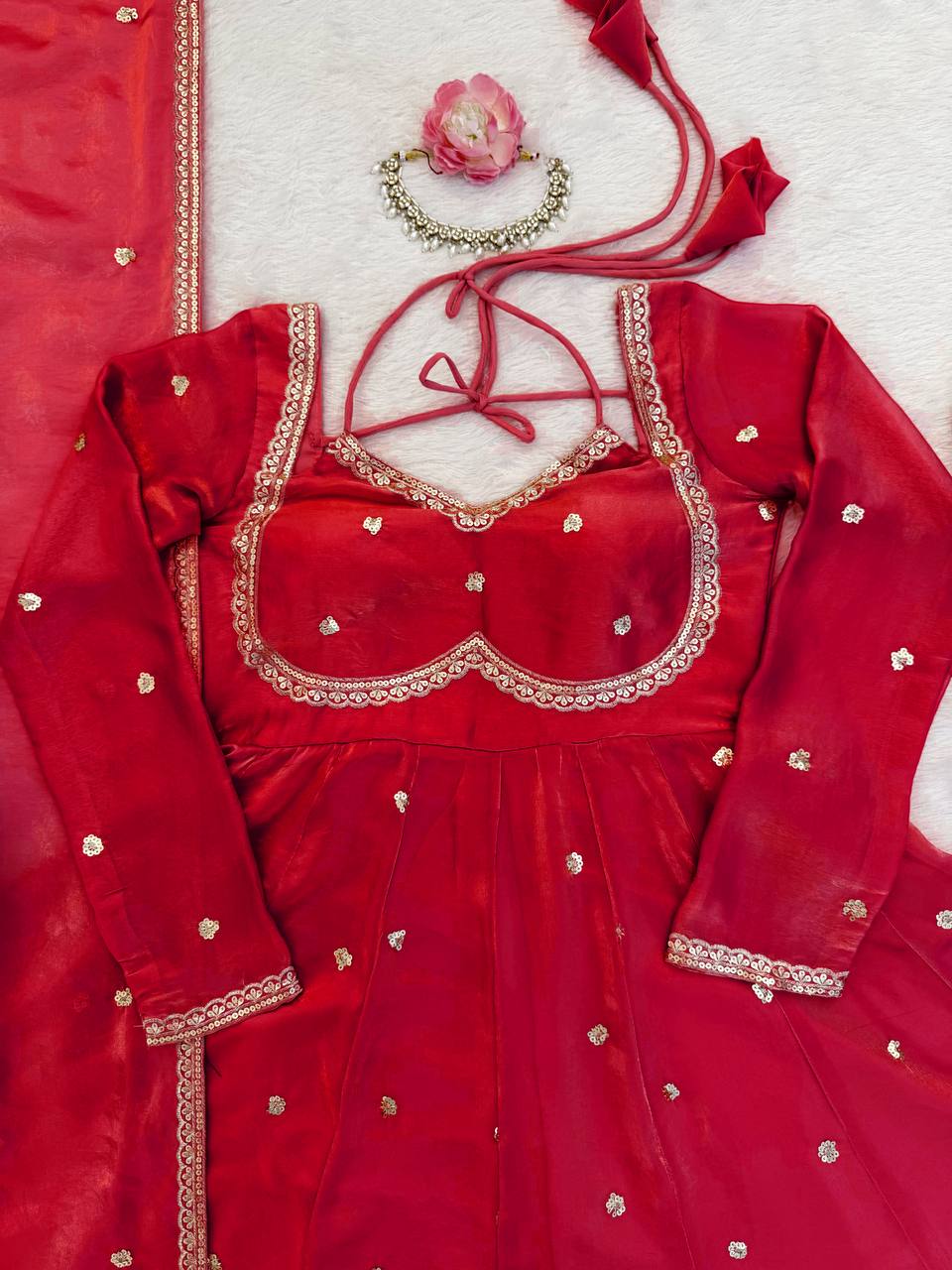 Evanik Red Fendi Silk With thread Sequence Work Anarkali Suit
