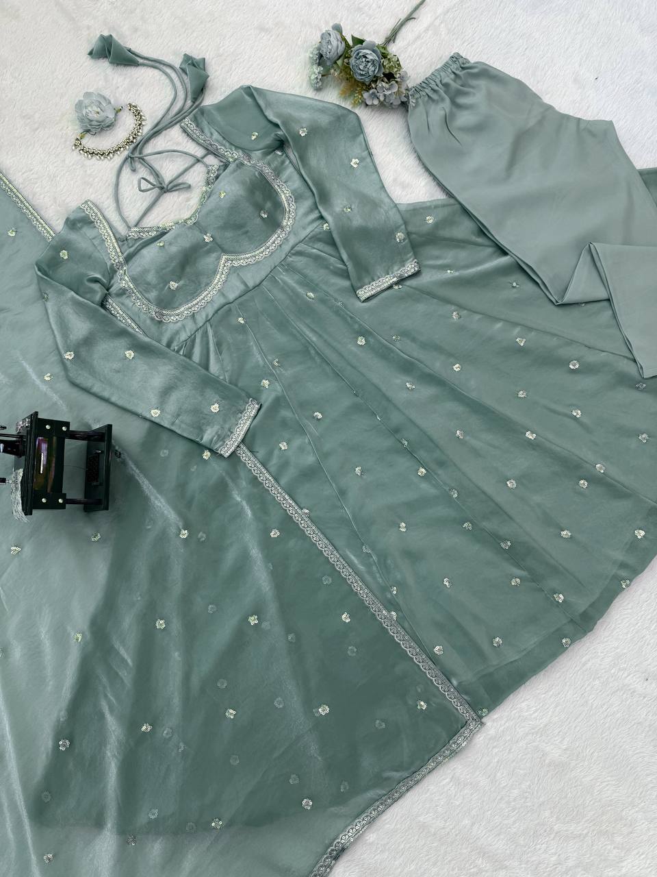 Evanik Seagreen Fendi Silk With thread Sequence Work Anarkali Suit