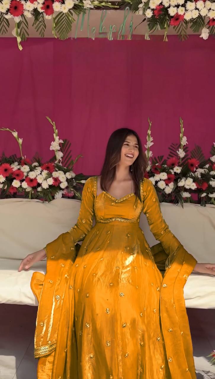 Evanik Yellow Fendi Silk With thread Sequence Work Anarkali Suit