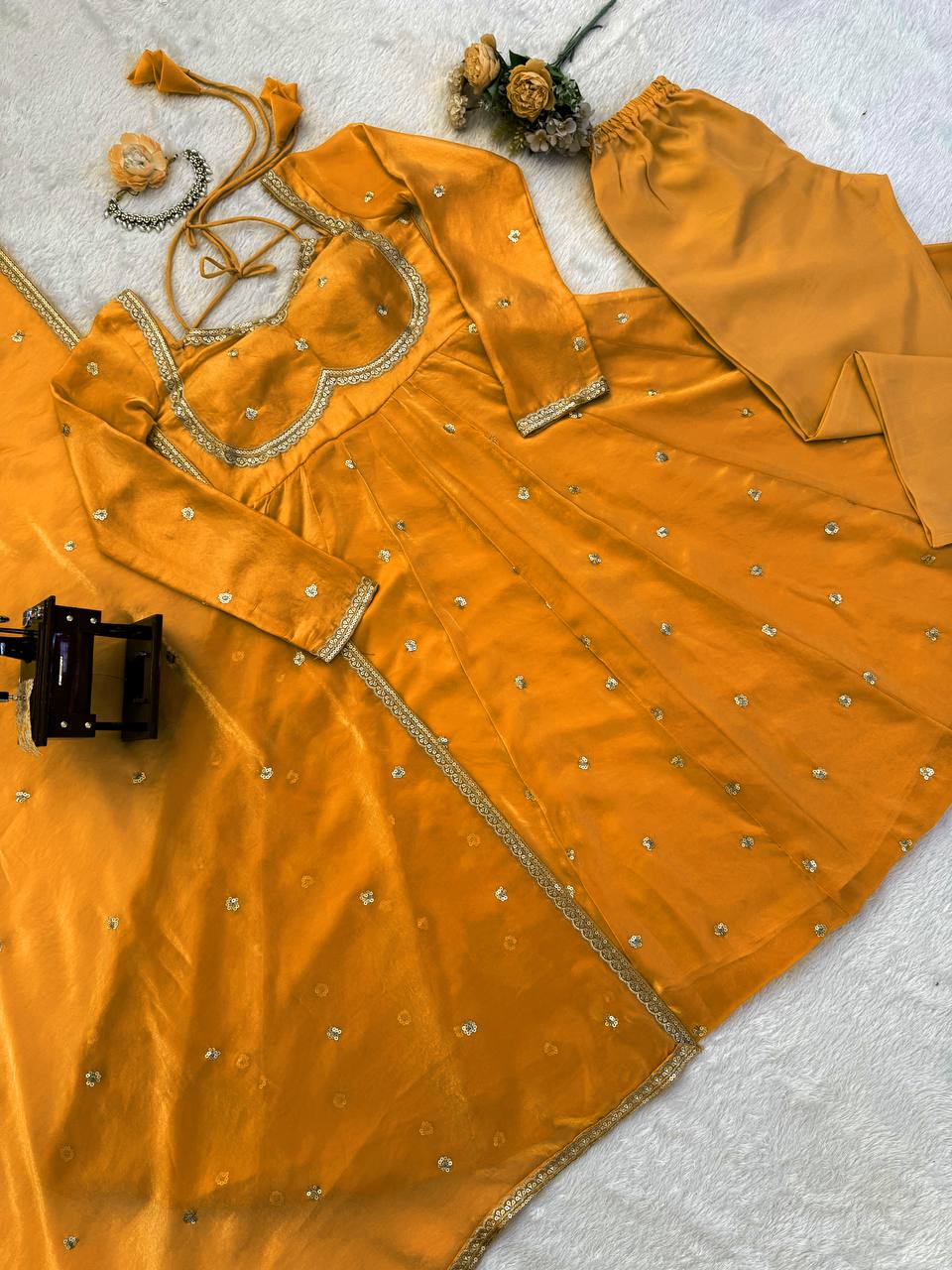 Evanik Yellow Fendi Silk With thread Sequence Work Anarkali Suit