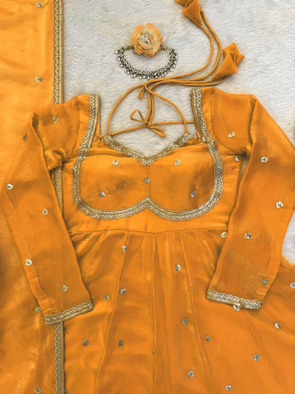 Evanik Yellow Fendi Silk With thread Sequence Work Anarkali Suit