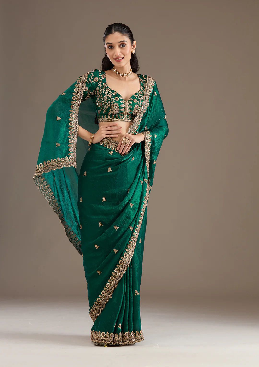 Evanik Green Fendy Satin Silk With Sequence Work Saree With Unstitched Blouse