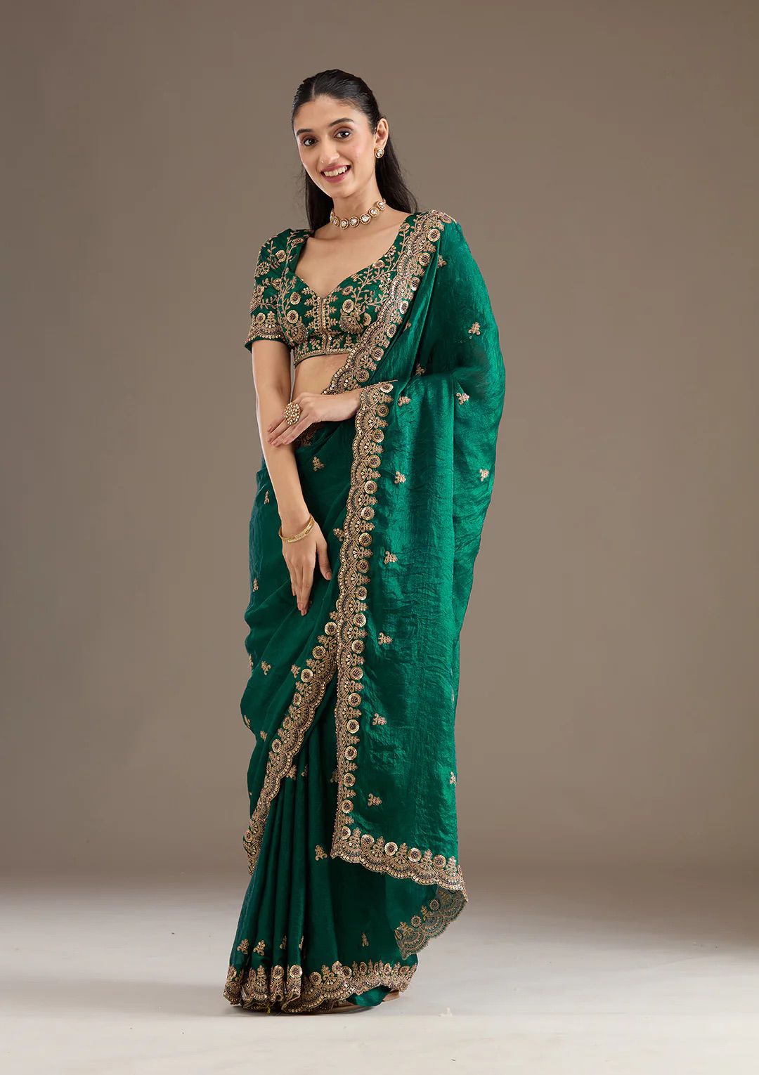 Evanik Green Fendy Satin Silk With Sequence Work Saree With Unstitched Blouse