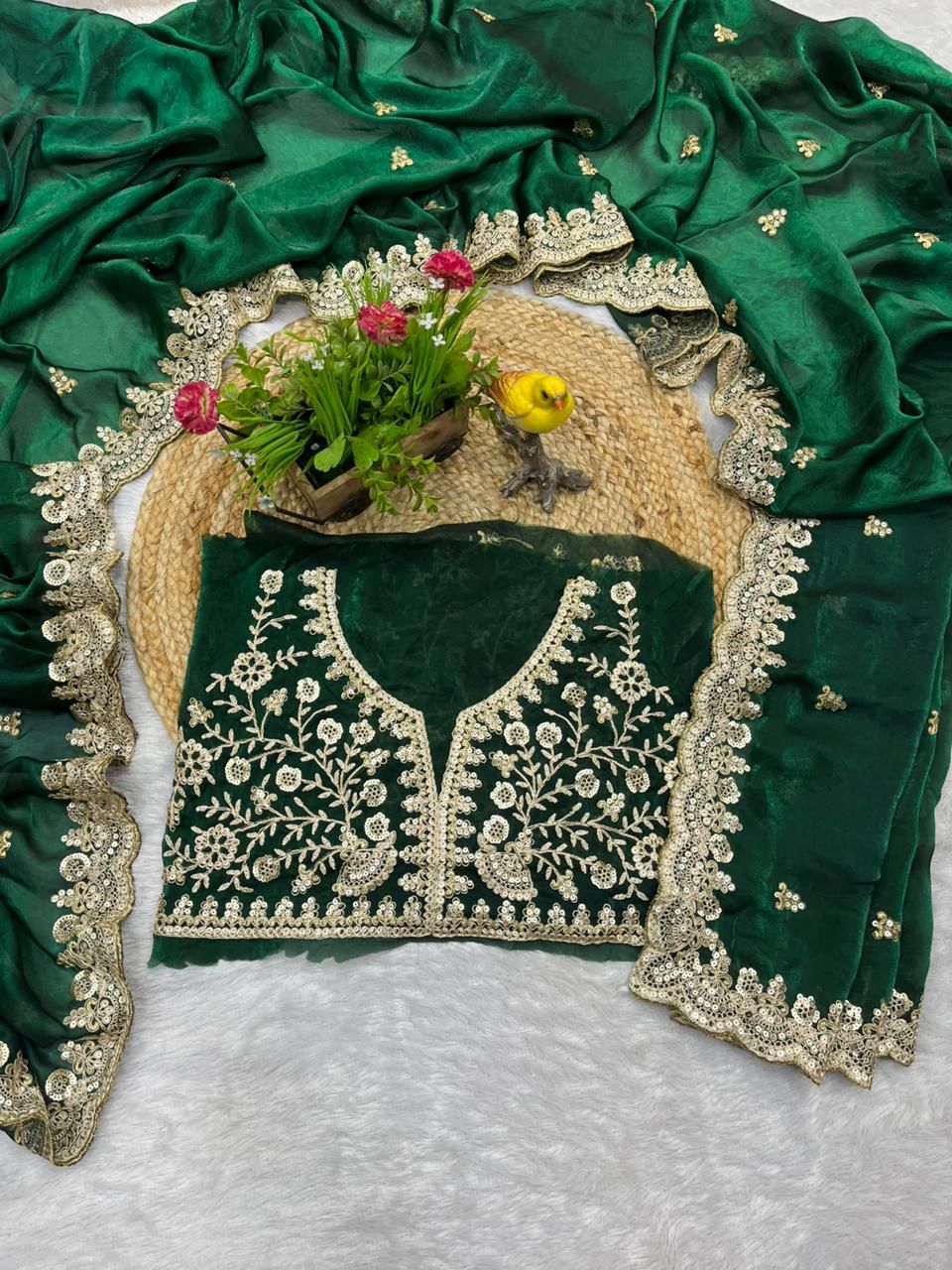 Evanik Green Fendy Satin Silk With Sequence Work Saree With Unstitched Blouse