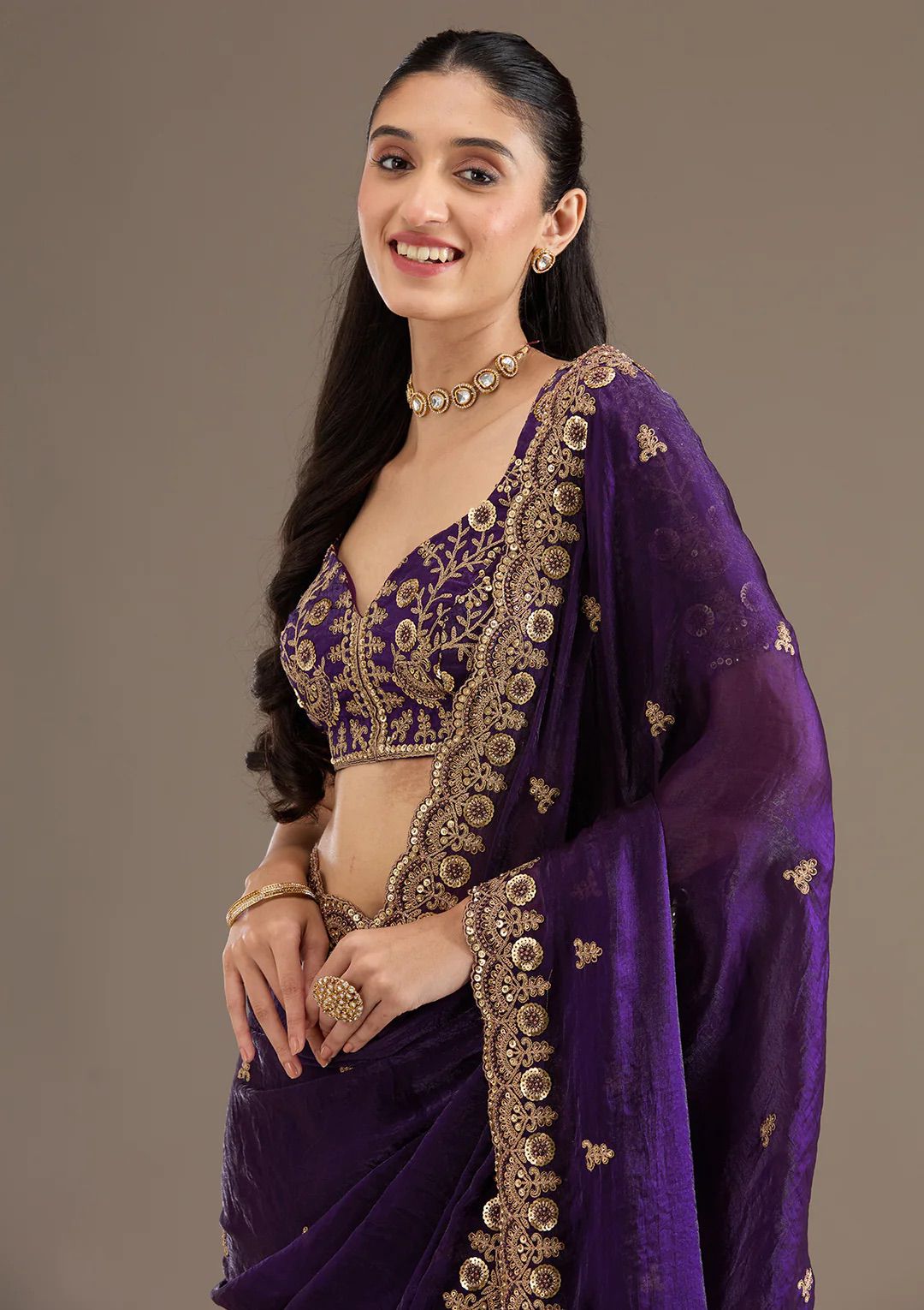 Evanik Purple Fendy Satin Silk With Sequence Work Saree With Unstitched Blouse