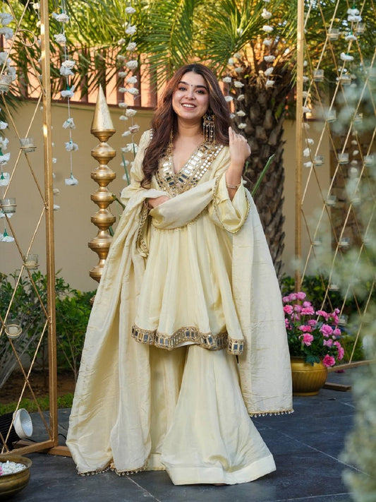 Evanik Women Off White Kedia Style Real Mirror Work Wedding Sharara Suit