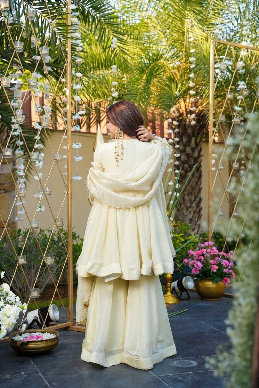 Evanik Women Off White Kedia Style Real Mirror Work Wedding Sharara Suit