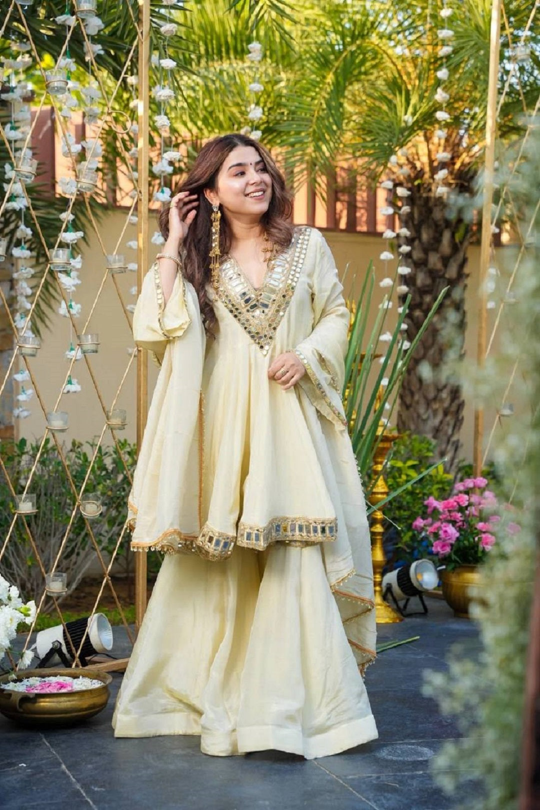Evanik Women Off White Kedia Style Real Mirror Work Wedding Sharara Suit