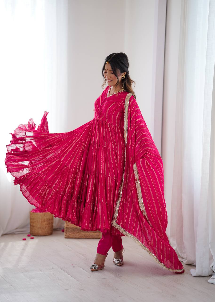 Evanik Ranipink Mal Chanderi Real Mirror With Handwork Wedding Anarkali Suit