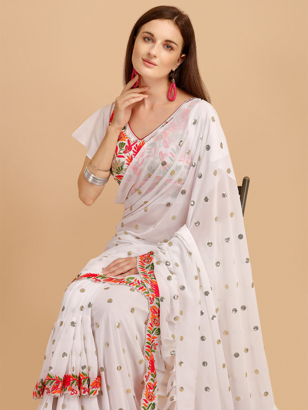 Lorenvalley Fashion White Faux Georgette Ruffle Grab2Buy with Fancy Sequence work & Blouse 