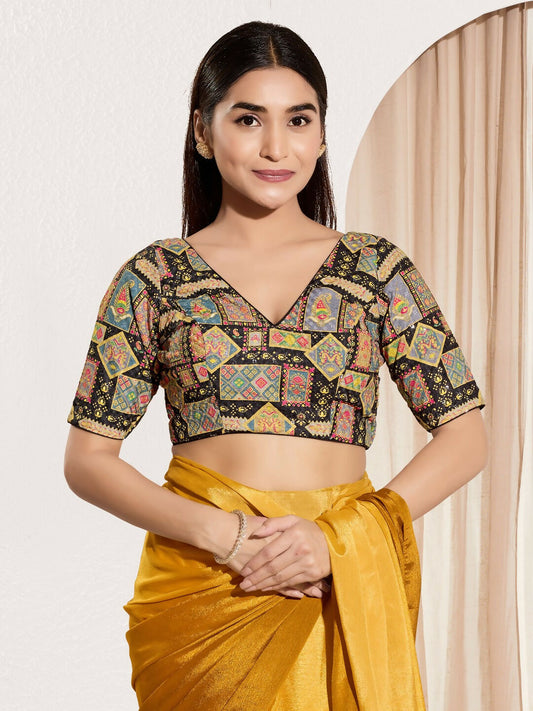 Joban Fashion Black Viscose Rayon Padded Blouse With V Neck Elbow Sleeves