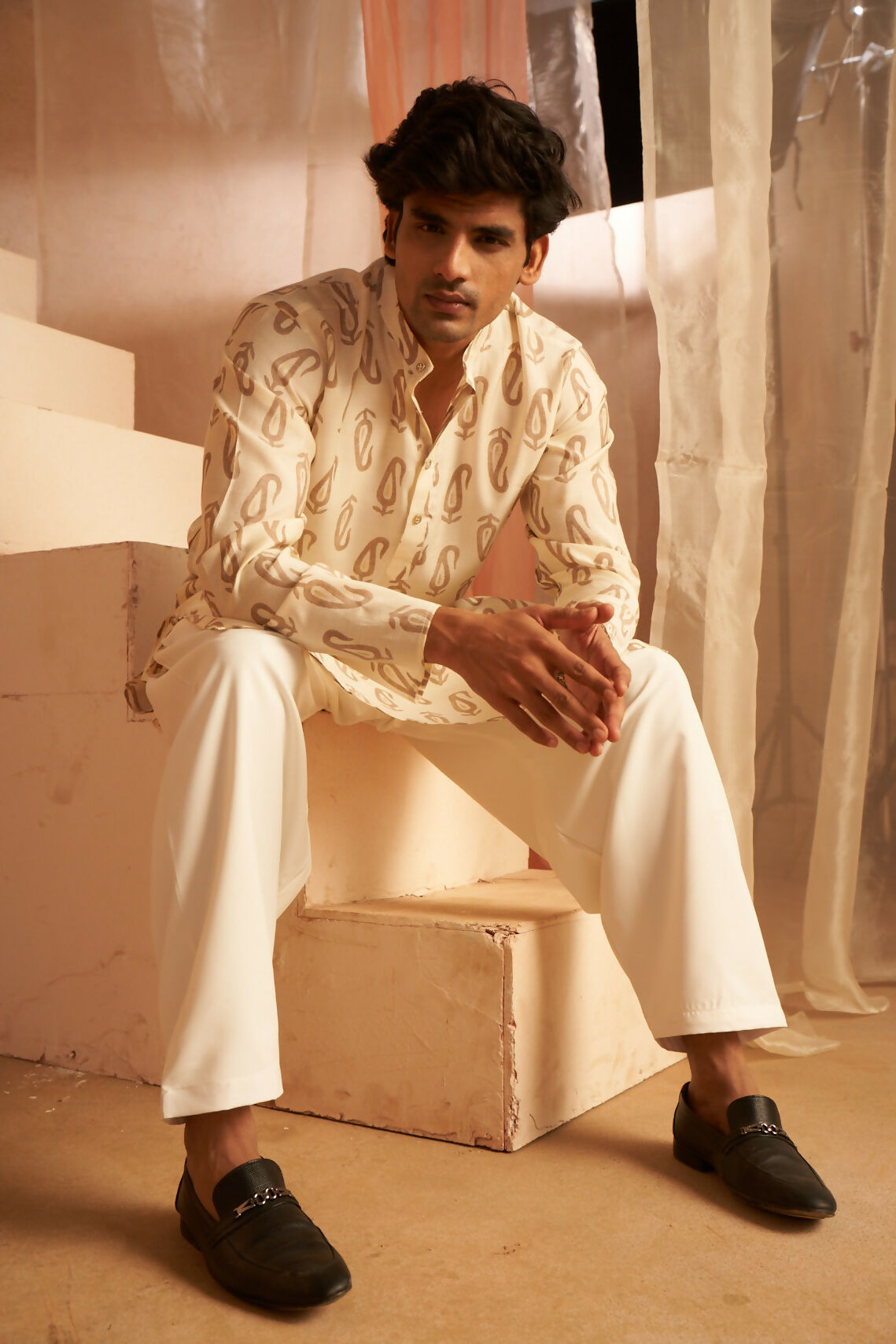 Off White Modal Silk Designer Printed Men's Kurta Set - Mahotsav