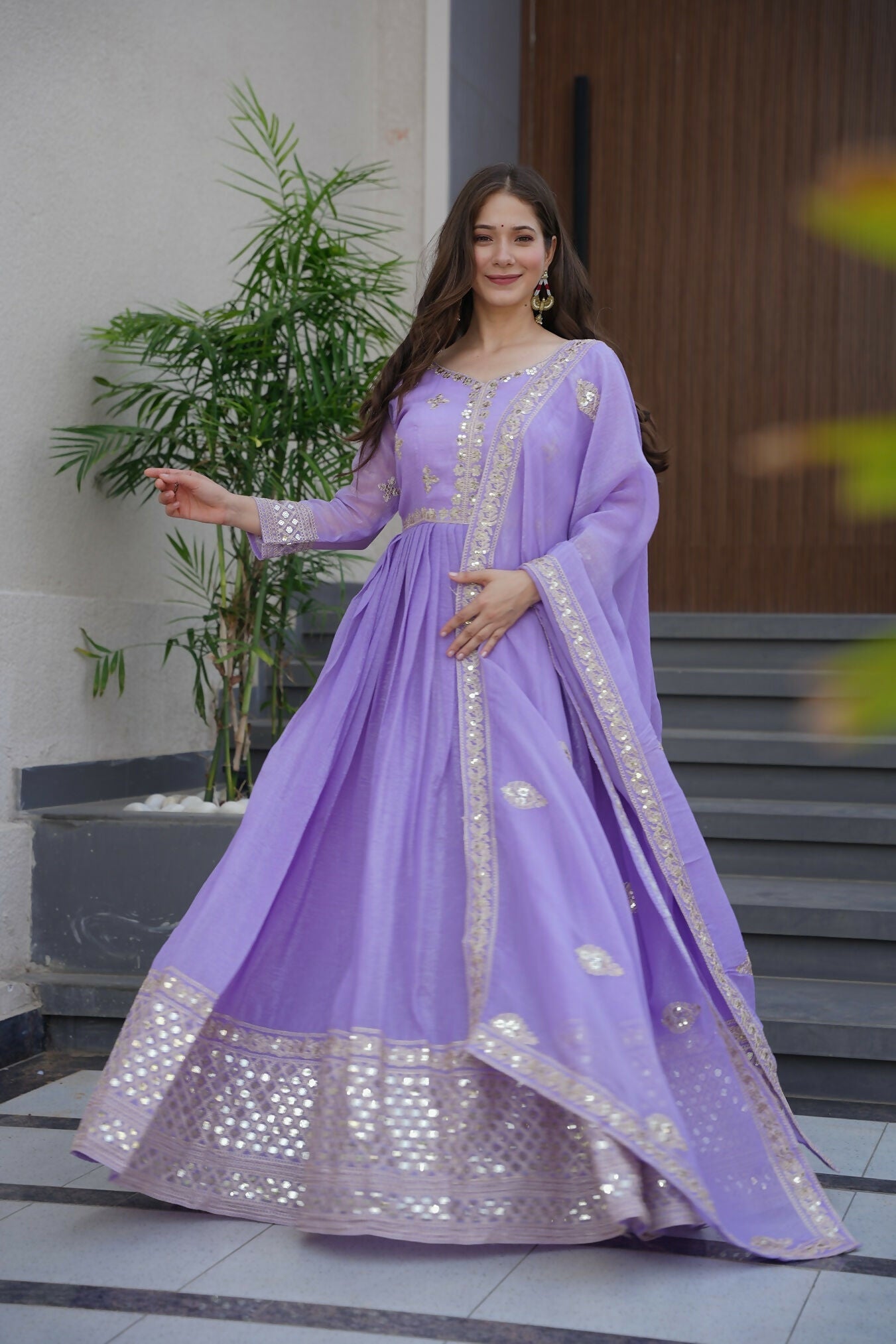 Teeya Creation Lavender Color Crunchy Silk Wedding Wear Embroidery Work Long Gown