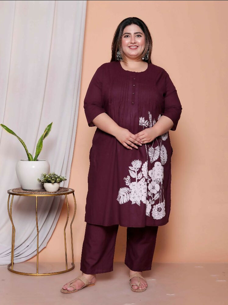 Miravan Womens Plus Size Wine Floral Kurta With Palazzo And Dupatta Set