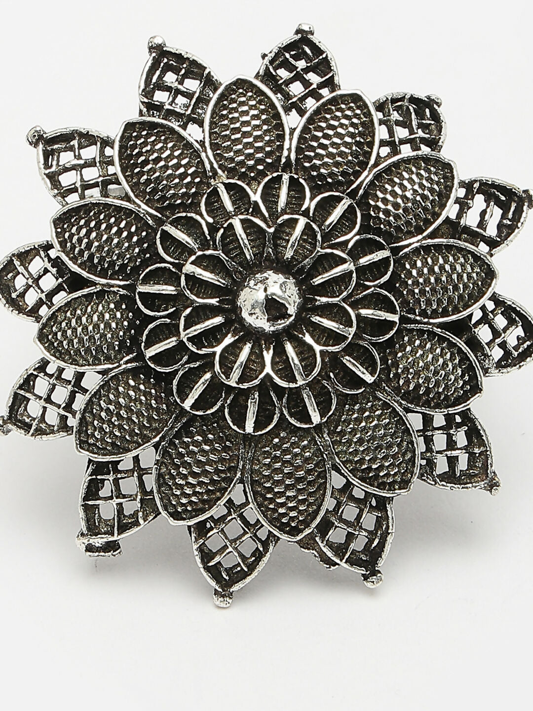 NVR Women's Silver-Toned Floral Shape Adjustable Finger Ring 