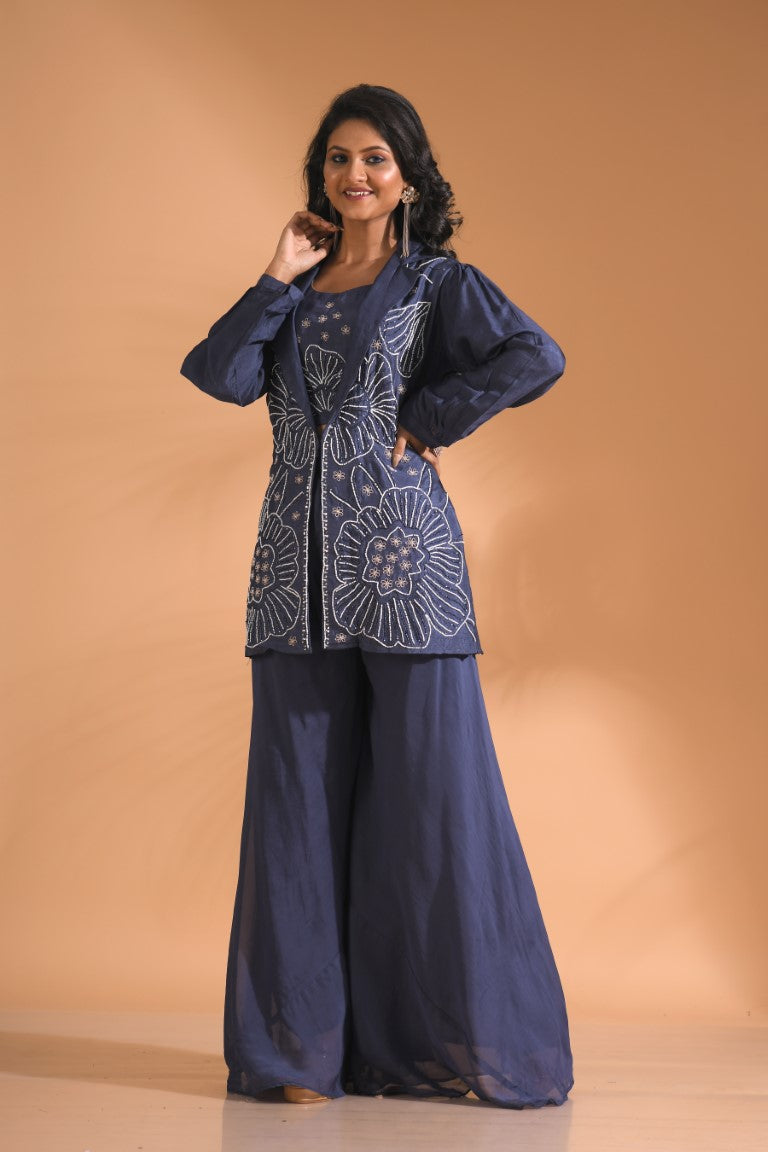 Morchari 3Pc Palazzo Set With Hand Embroidery - Blue | Grab2Buy