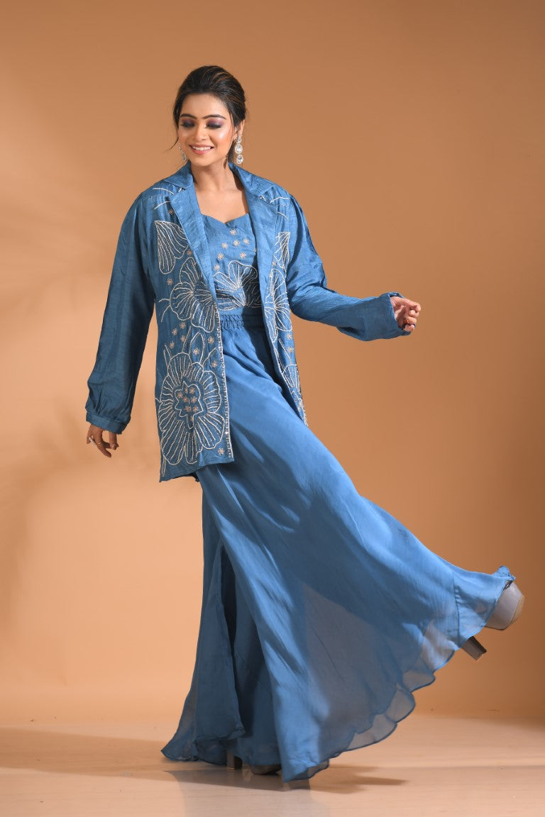 Morchari 3Pc Palazzo Set With Hand Embroidery - Beige | Grab2Buy
