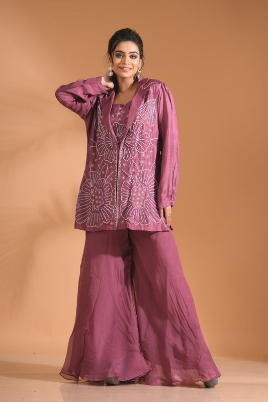 Morchari 3Pc Palazzo Set With Hand Embroidery - Purple 
